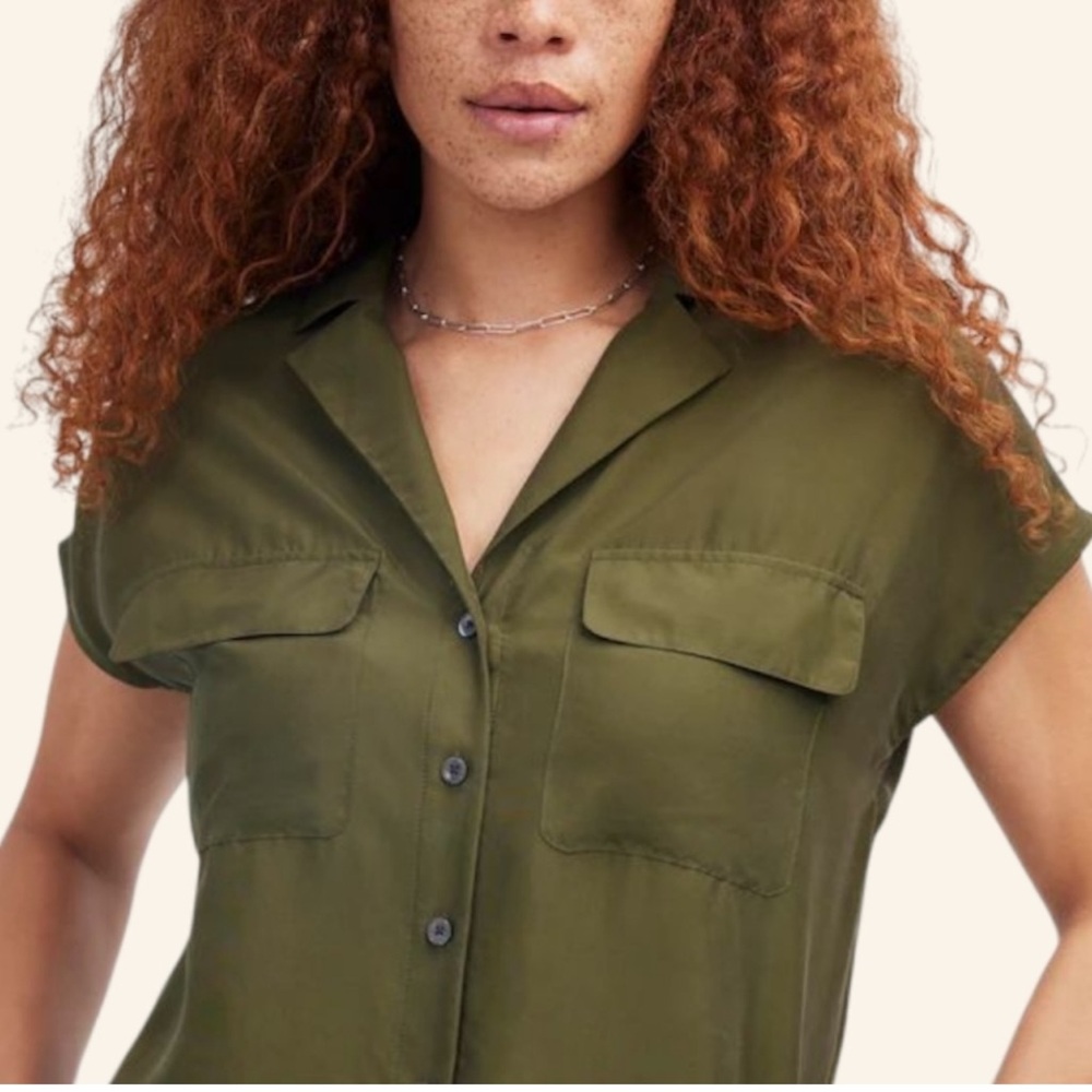NWT Madewell Washable Silk Drapey Patch Pocket Sleeveless Shirt Loden Green Sz S - Picture 4 of 13